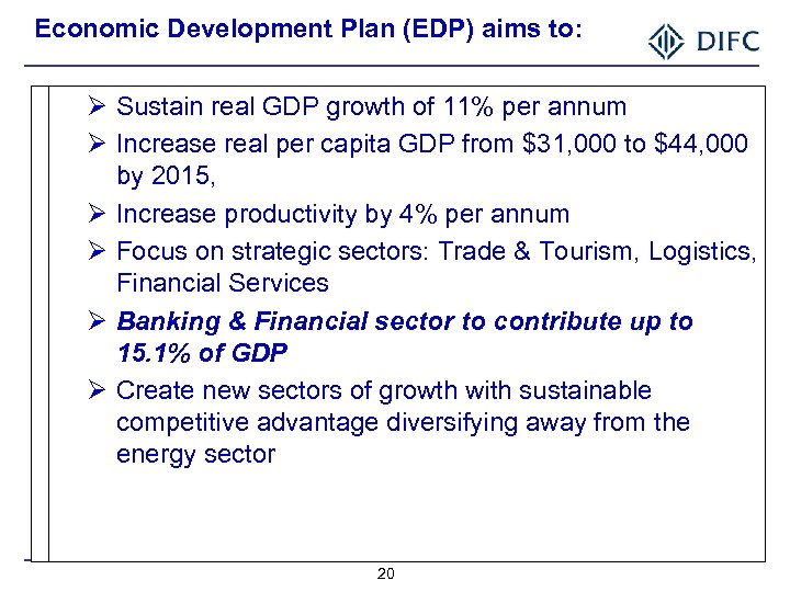 Economic Development Plan (EDP) aims to: Ø Sustain real GDP growth of 11% per