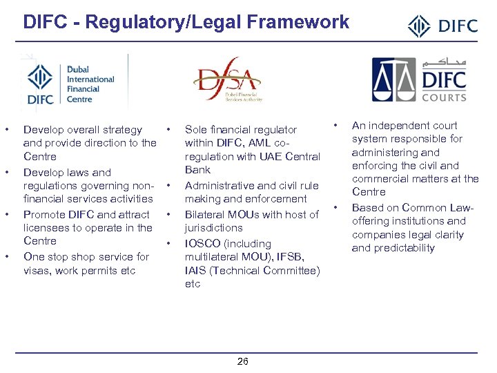 DIFC - Regulatory/Legal Framework • • Develop overall strategy and provide direction to the
