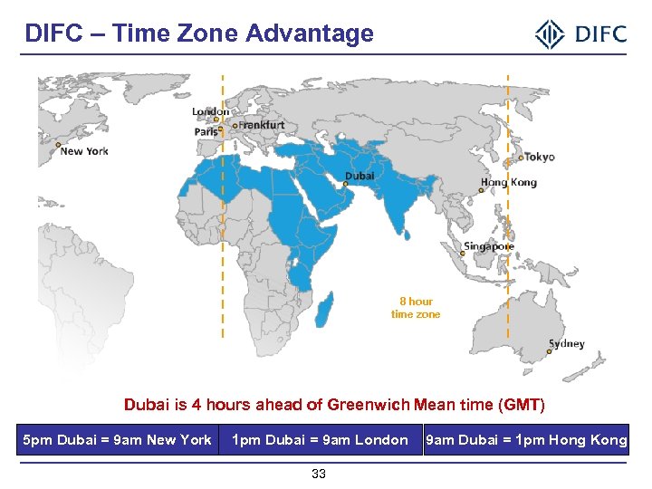 DIFC – Time Zone Advantage 8 hour time zone Dubai is 4 hours ahead