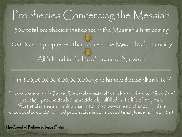 Prophecies Concerning the Messiah 300 total prophecies that concern the Messiah’s first coming 108