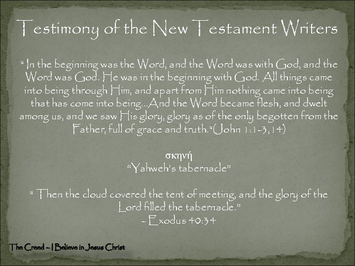 Testimony of the New Testament Writers " In the beginning was the Word, and