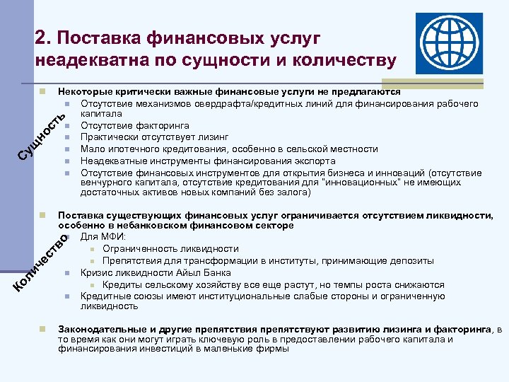 2. Поставка финансовых услуг неадекватна по сущности и количеству Некоторые критически важные финансовые услуги