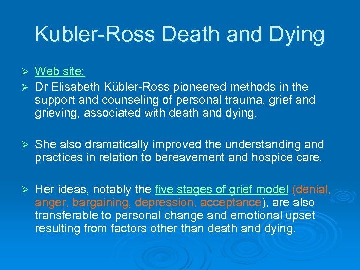 Kubler-Ross Death and Dying Web site: Ø Dr Elisabeth Kübler-Ross pioneered methods in the