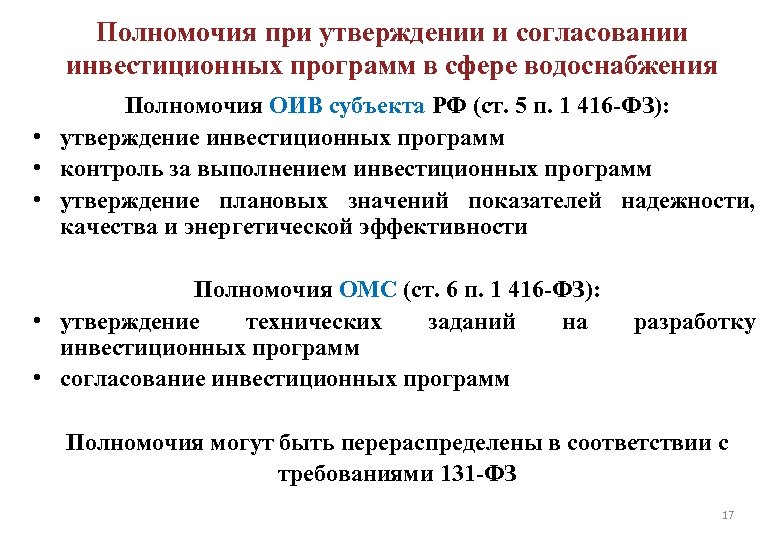 Полномочия при утверждении и согласовании инвестиционных программ в сфере водоснабжения Полномочия ОИВ субъекта РФ