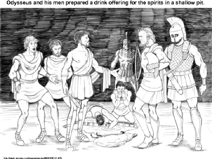 Odysseus and his men prepared a drink offering for the spirits in a shallow