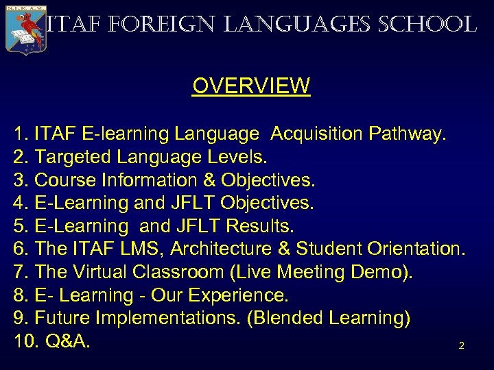 ITAF FOREIGN LANGUAGES SCHOOL OVERVIEW 1. ITAF E-learning Language Acquisition Pathway. 2. Targeted Language