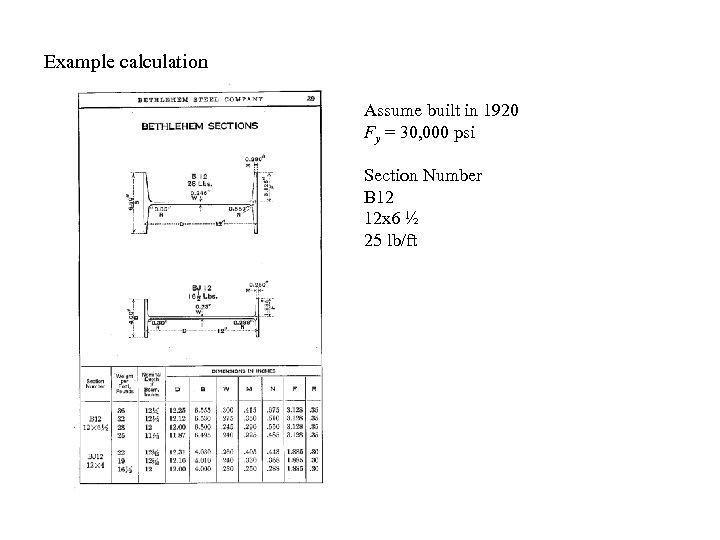 Example calculation Assume built in 1920 Fy = 30, 000 psi Section Number B