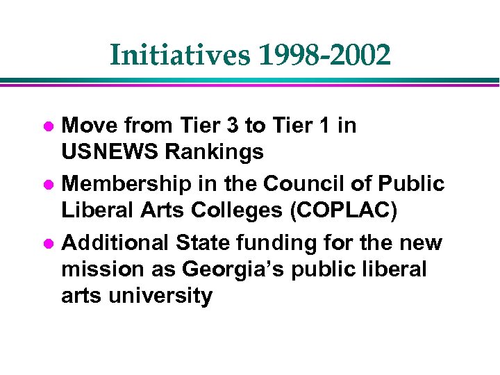 Initiatives 1998 -2002 Move from Tier 3 to Tier 1 in USNEWS Rankings l