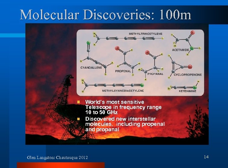 Molecular Discoveries: 100 m World’s most sensitive Telescope in frequency range 10 to 50