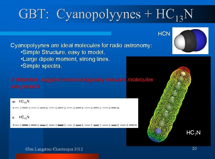 GBT: Cyanopolyynes + HC 13 N HCN Cyanopolyynes are ideal molecules for radio astronomy: