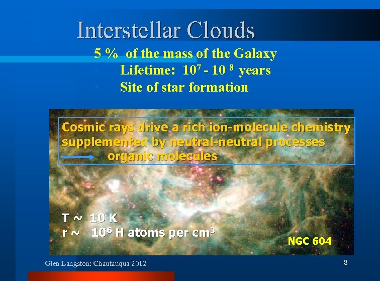 Interstellar Clouds 5 % of the mass of the Galaxy • Lifetime: 107 -