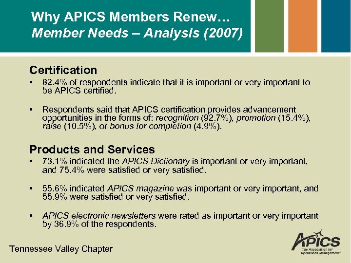 Why APICS Members Renew… Member Needs – Analysis (2007) Certification • 82. 4% of