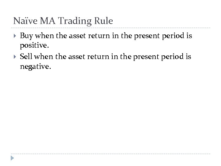 Naïve MA Trading Rule Buy when the asset return in the present period is