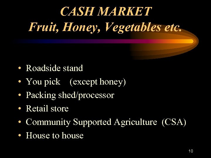 CASH MARKET Fruit, Honey, Vegetables etc. • • • Roadside stand You pick (except