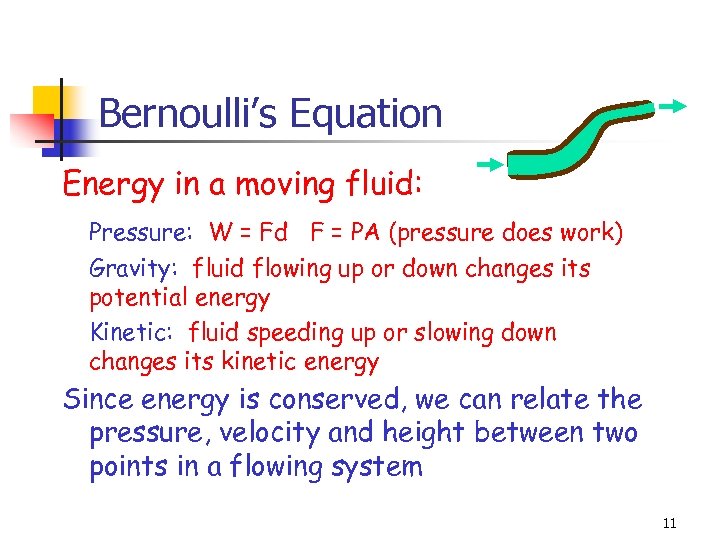 Bernoulli’s Equation Energy in a moving fluid: Pressure: W = Fd F = PA