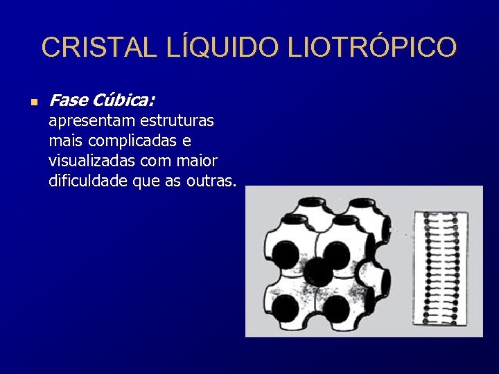 CRISTAL LÍQUIDO LIOTRÓPICO n Fase Cúbica: apresentam estruturas mais complicadas e visualizadas com maior