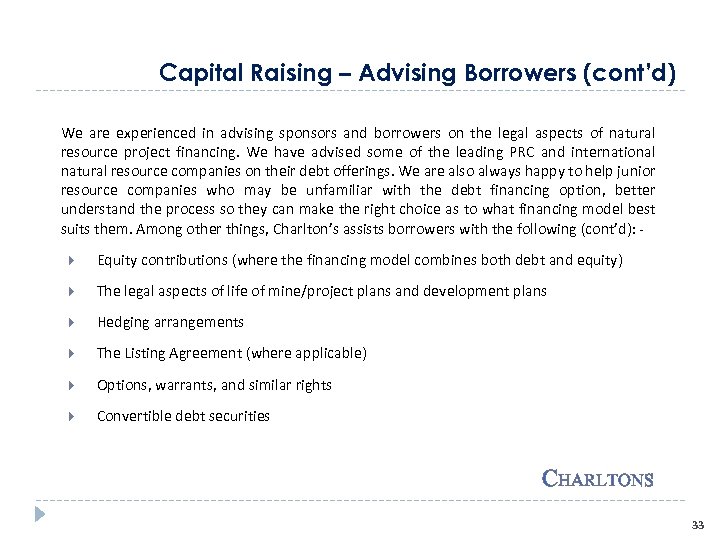 Capital Raising – Advising Borrowers (cont’d) We are experienced in advising sponsors and borrowers