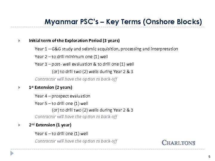 Myanmar PSC’s – Key Terms (Onshore Blocks) Initial term of the Exploration Period (3