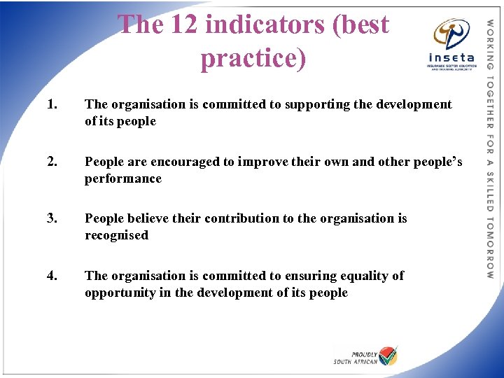 The 12 indicators (best practice) 1. The organisation is committed to supporting the development