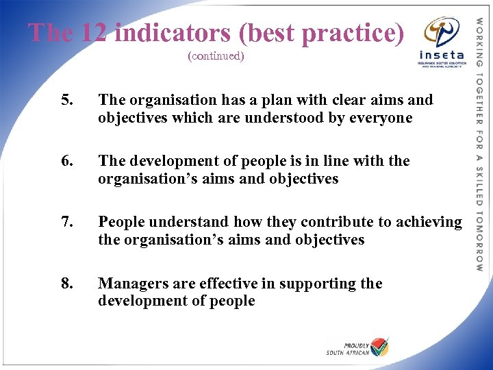 The 12 indicators (best practice) (continued) 5. The organisation has a plan with clear