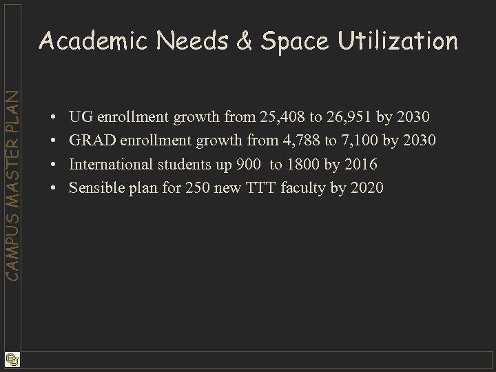 CAMPUS MASTER PLAN Academic Needs & Space Utilization • • UG enrollment growth from