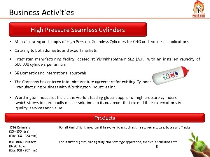 Business Activities High Pressure Seamless Cylinders • Manufacturing and supply of High Pressure Seamless