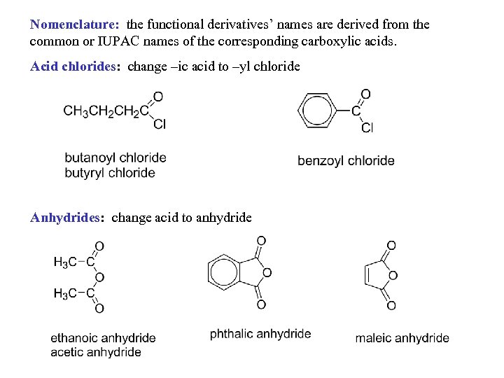 Nomenclature: the functional derivatives’ names are derived from the common or IUPAC names of