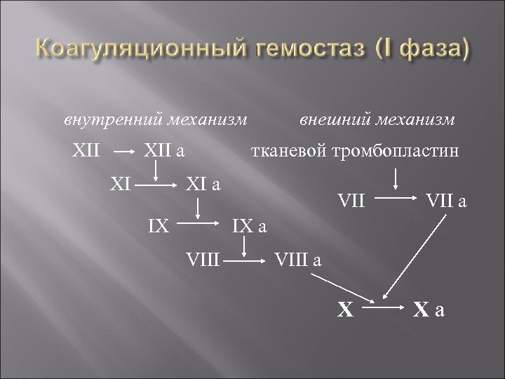 внутренний механизм XII a XI внешний механизм тканевой тромбопластин XI a IX VII a