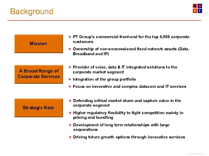 Background l PT Group’s commercial front-end for the top 6, 500 corporate Mission customers