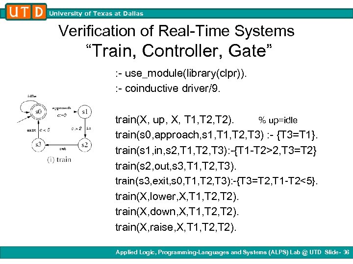 University of Texas at Dallas Verification of Real-Time Systems “Train, Controller, Gate” : -