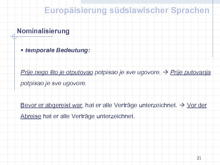 Europäisierung südslawischer Sprachen Nominalisierung § temporale Bedeutung: Prije nego što je otputovao potpisao je