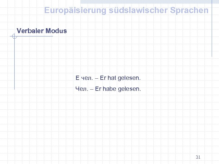 Europäisierung südslawischer Sprachen Verbaler Modus Е чел. – Er hat gelesen. Чел. – Er