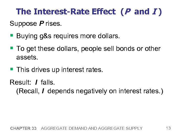 The Interest-Rate Effect (P and I ) Suppose P rises. § Buying g&s requires