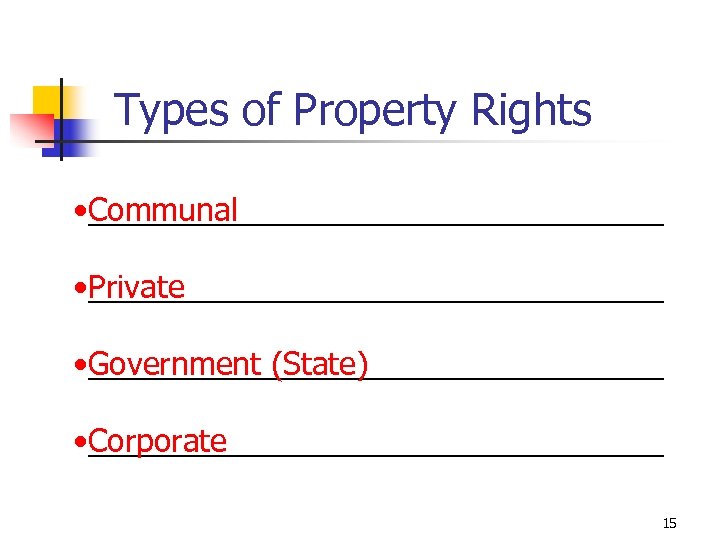 Types of Property Rights • Communal _________________ • Private _________________ • Government (State) _________________