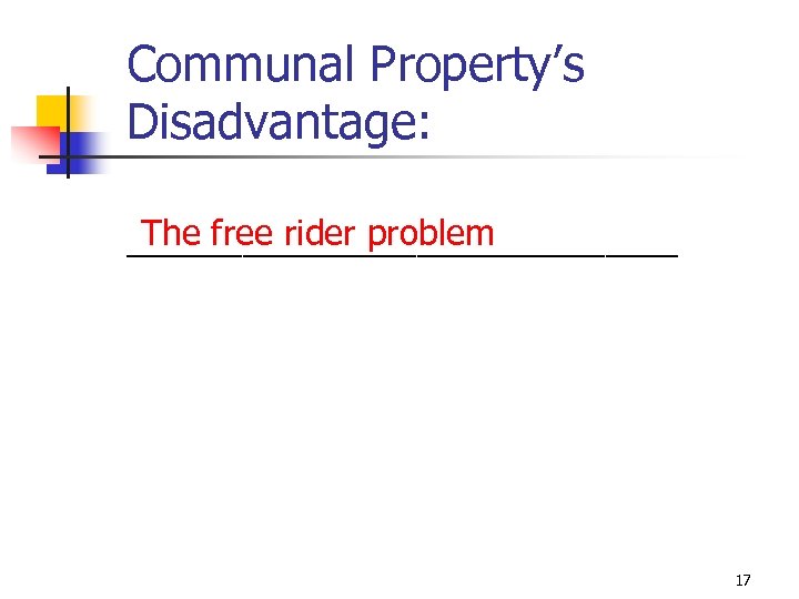 Communal Property’s Disadvantage: The free rider problem ___________________ 17 