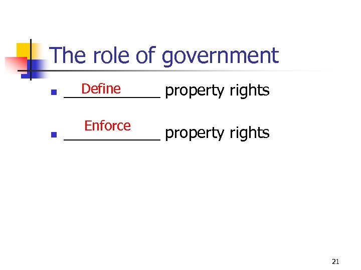 The role of government n Define ______ property rights n Enforce ______ property rights