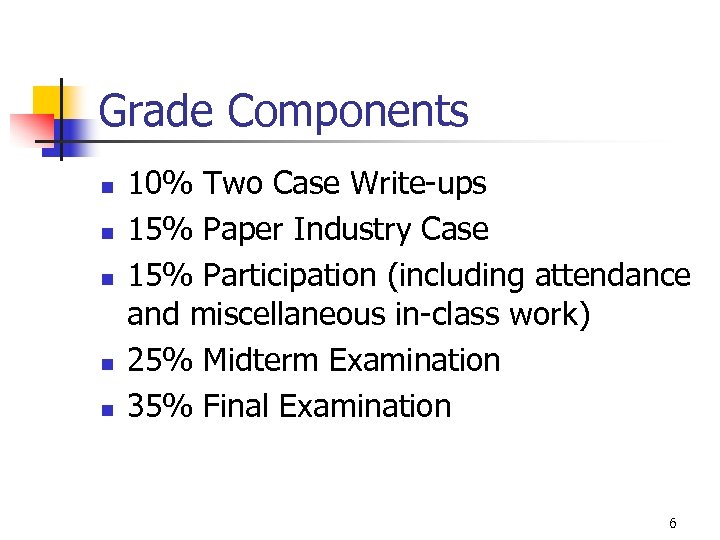 Grade Components n n n 10% Two Case Write-ups 15% Paper Industry Case 15%