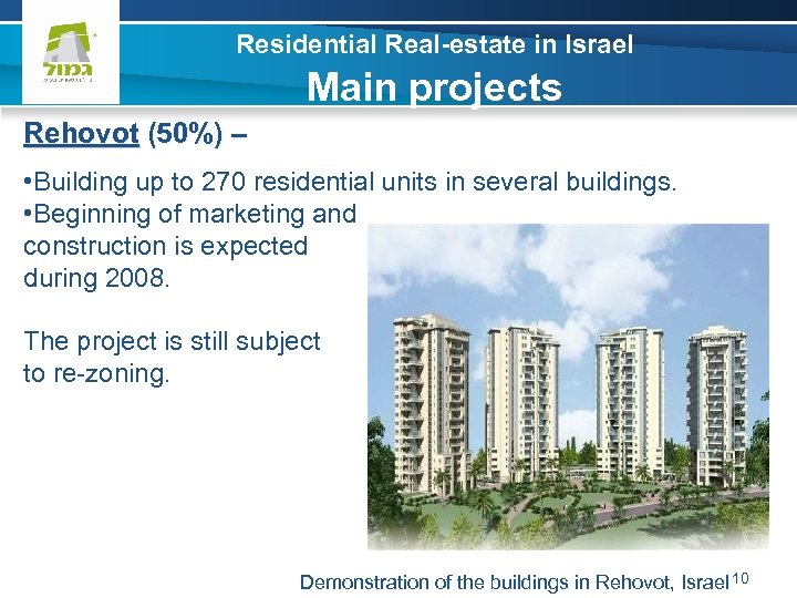 Residential Real-estate in Israel Main projects Rehovot (50%) – • Building up to 270