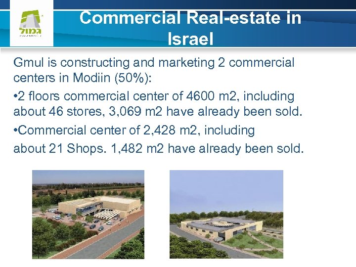 Commercial Real-estate in Israel Gmul is constructing and marketing 2 commercial centers in Modiin