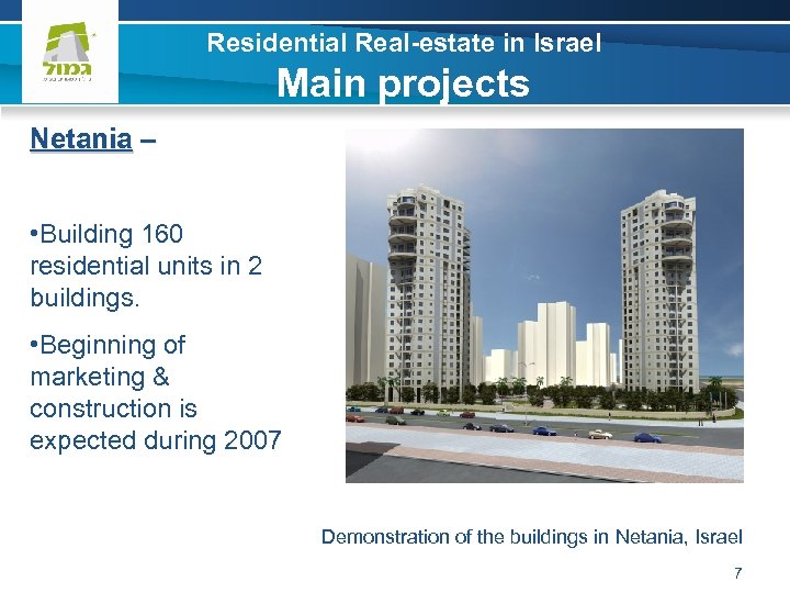 Residential Real-estate in Israel Main projects Netania – • Building 160 residential units in
