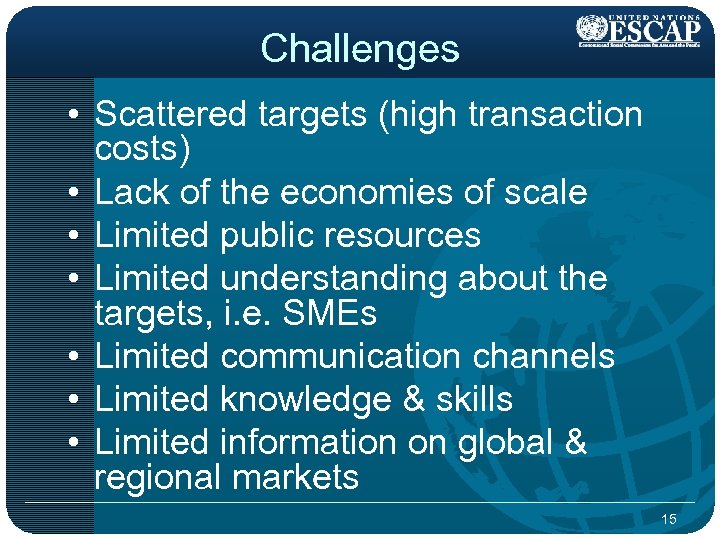 Challenges • Scattered targets (high transaction costs) • Lack of the economies of scale