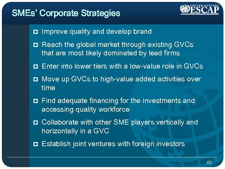 SMEs’ Corporate Strategies p Improve quality and develop brand p Reach the global market