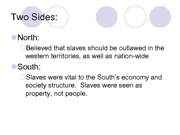 Two Sides: l North: ¡Believed that slaves should be outlawed in the western territories,