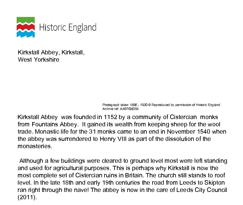 Kirkstall Abbey, Kirkstall, West Yorkshire Photograph taken 1896 - 1920 © Reproduced by permission