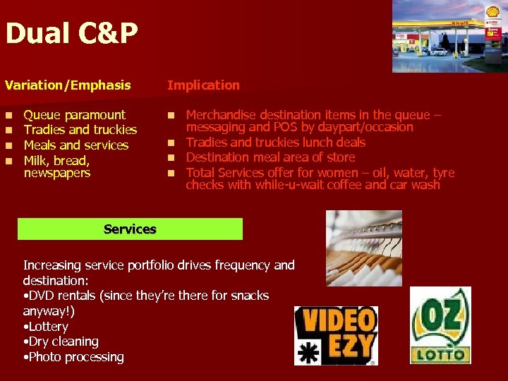 Dual C&P Variation/Emphasis n n Queue paramount Tradies and truckies Meals and services Milk,