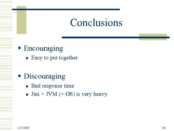 Conclusions w Encouraging n Easy to put together w Discouraging n n 11/13/00 Bad