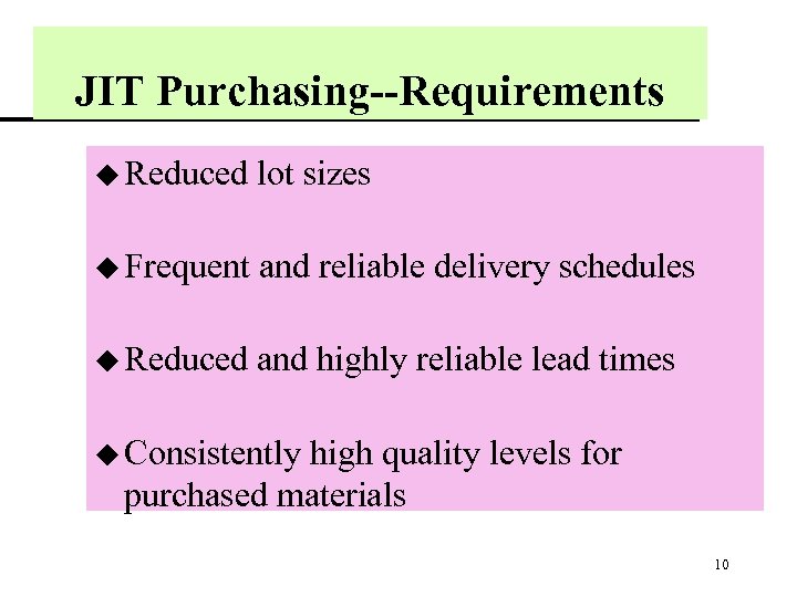 JIT Purchasing--Requirements u Reduced lot sizes u Frequent and reliable delivery schedules u Reduced