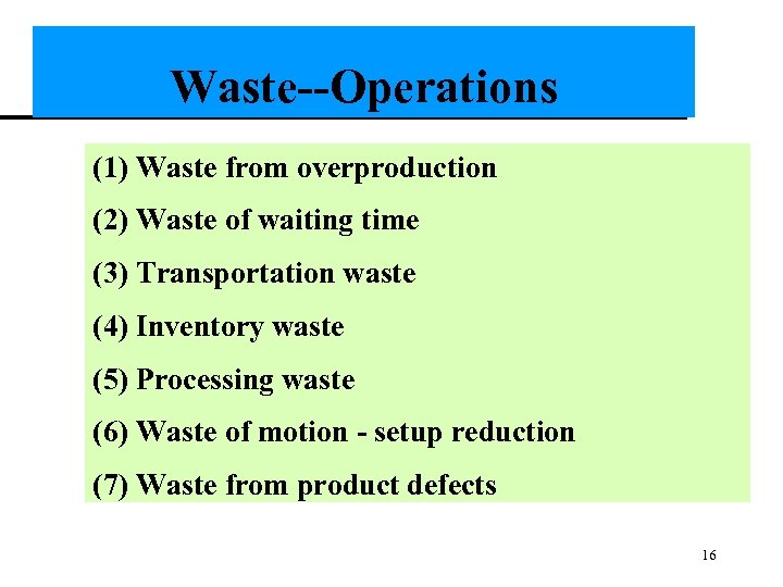 Waste--Operations (1) Waste from overproduction (2) Waste of waiting time (3) Transportation waste (4)