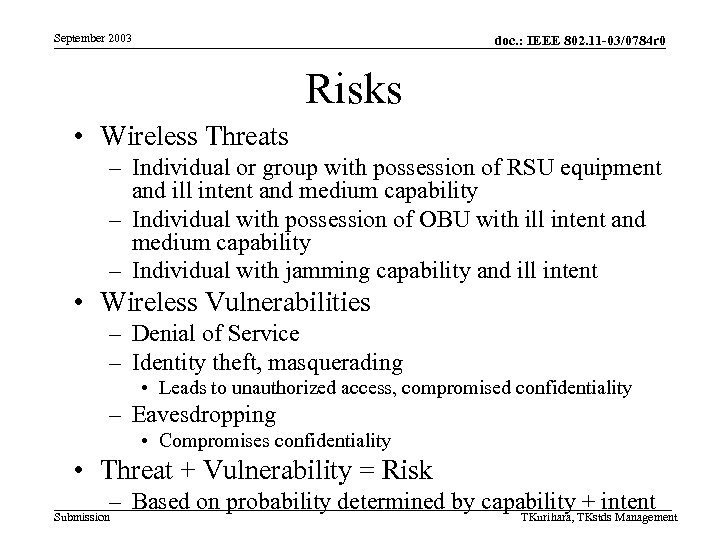 September 2003 doc. : IEEE 802. 11 -03/0784 r 0 Risks • Wireless Threats