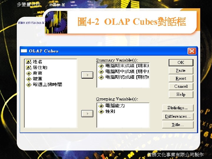 多變量分析 ISBN 957 -729 -569 -X 林震岩 著 圖 4 -2 OLAP Cubes對話框 智勝文化事業有限公司製作